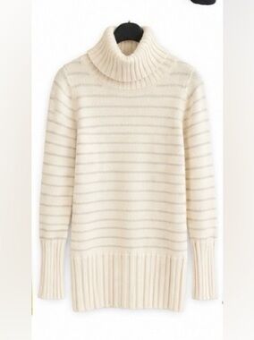 Armani Exchange Cream Ribbed Turtleneck Sweater with Subtle Stripes